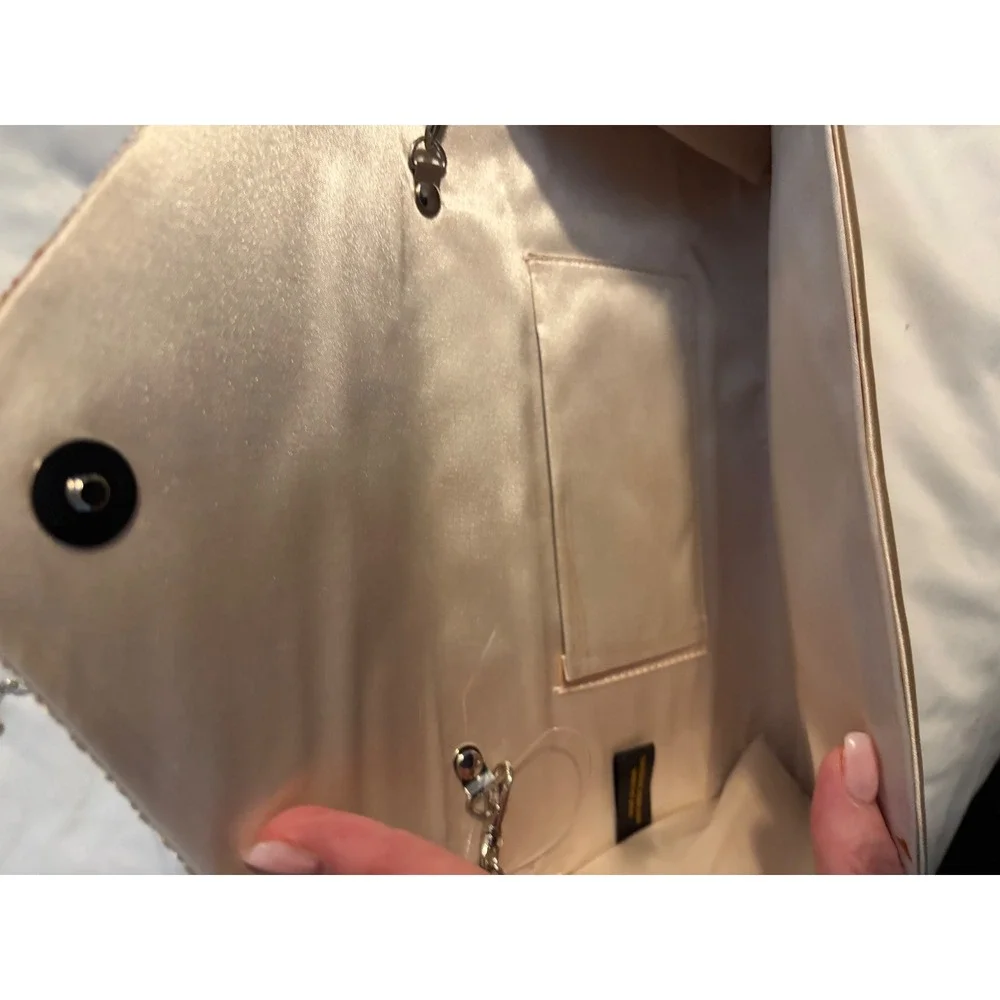 Champagne Satin Pleated Rhinestone Evening Clutch Bag with‎ Chain Strap Womens